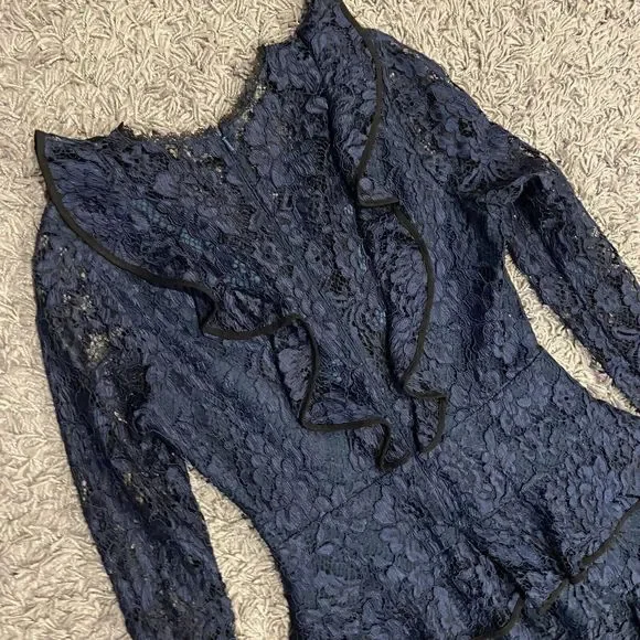 Alexis Tracie Long Sleeve Tiered Ruffled Lace Mini Dress In Navy Size S
